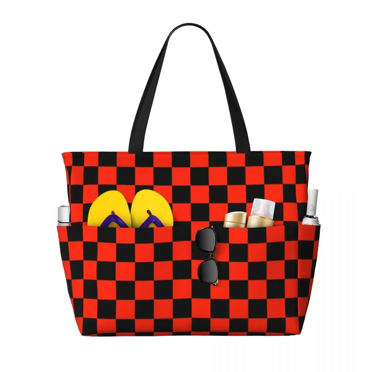 Custom Black Scarlet Red Checkerboard Chess Groceries Shopping Tote Bags Women Large Capacity Checkered Beach Gym Travel Bags