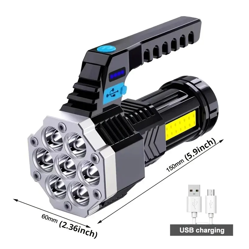 High Power Rechargeable Led Flashlights 7LED Camping Torch With Cob Side Light Lightweight Outdoor Lighting ABS Material