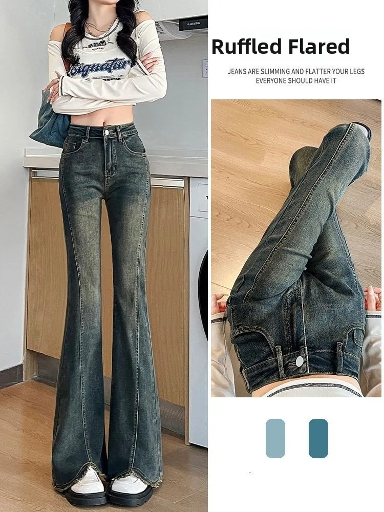 

High Waist Flared Jeans Women's Spring Autumn plus Size Elastic Slit Denim Pants Comfortable Straight Leg Floor-Length