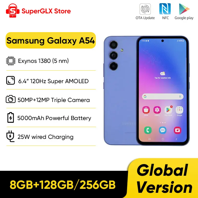 Оригинальный Новый Samsung Galaxy A54, тройная камера 50 МП, 1380 дюйма, FHD +, Super AMOLED, 6,4 мАч, 25 Вт, быстрая зарядка