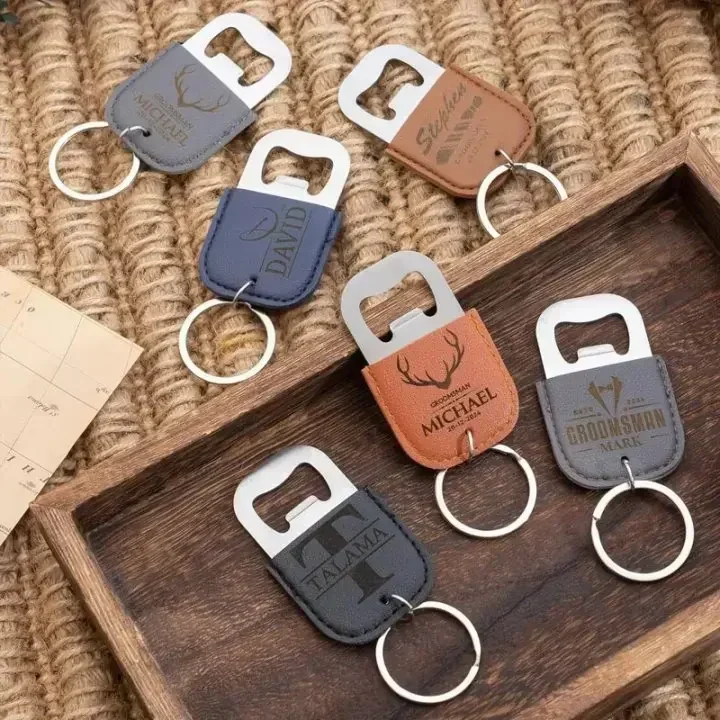 Laser Engrave Stainless Steel opener Leather Keychain Custom Logo Beers Bottle tools Car Key Chain Personalize Company Keyring