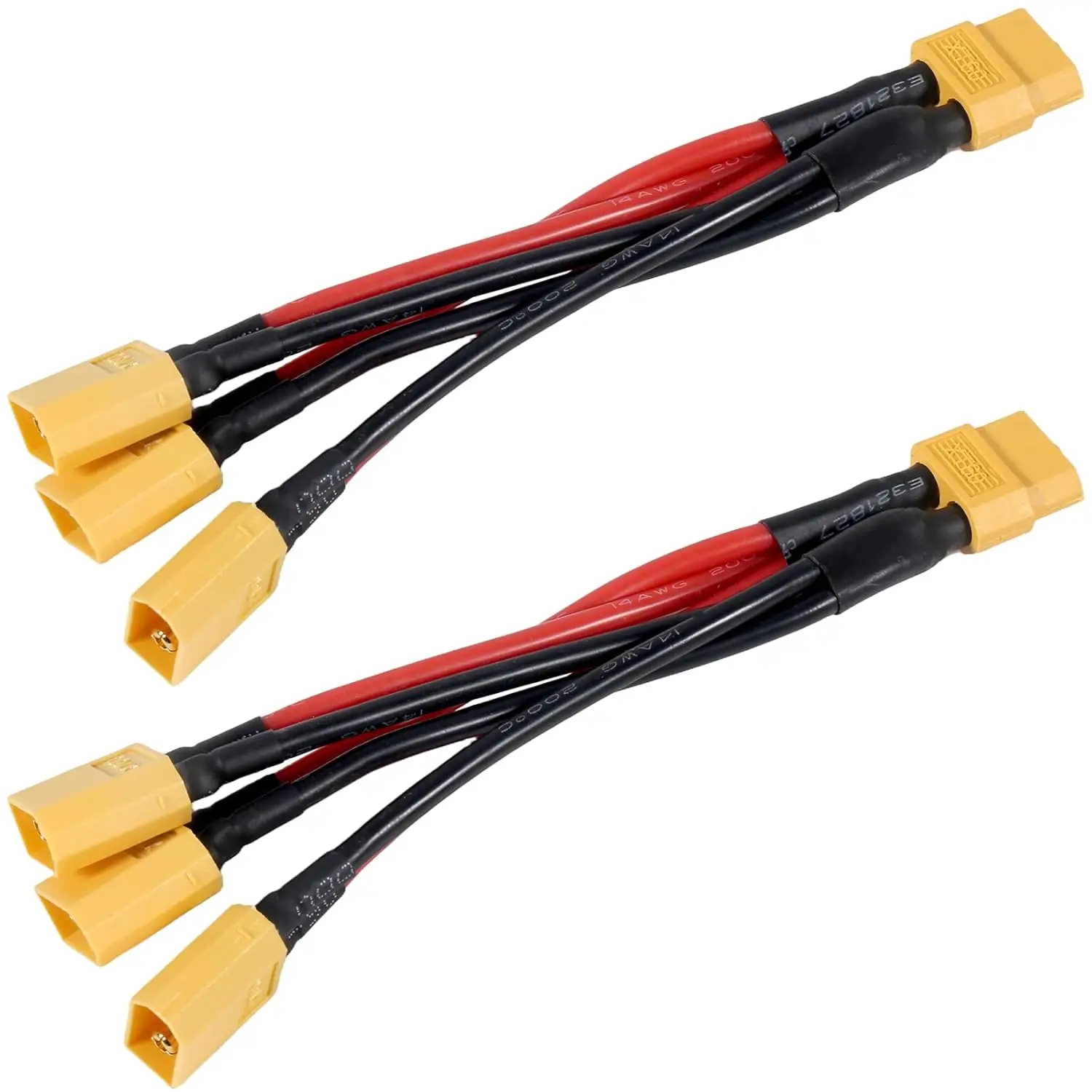 2pcs XT60 Parallel Battery Connector Extension Y Splitter 3-Way 14AWG Male/Female Cable for RC Battery Motor (1 Female to 3 Male