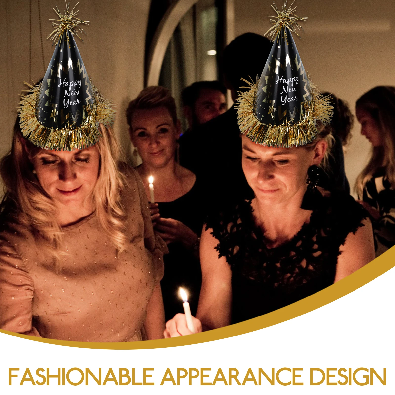 

8Pcs New Year Party Hats Black Gold Paper Cone Hats Party Supplies 2023 Happy New Year Decorations Photography Props