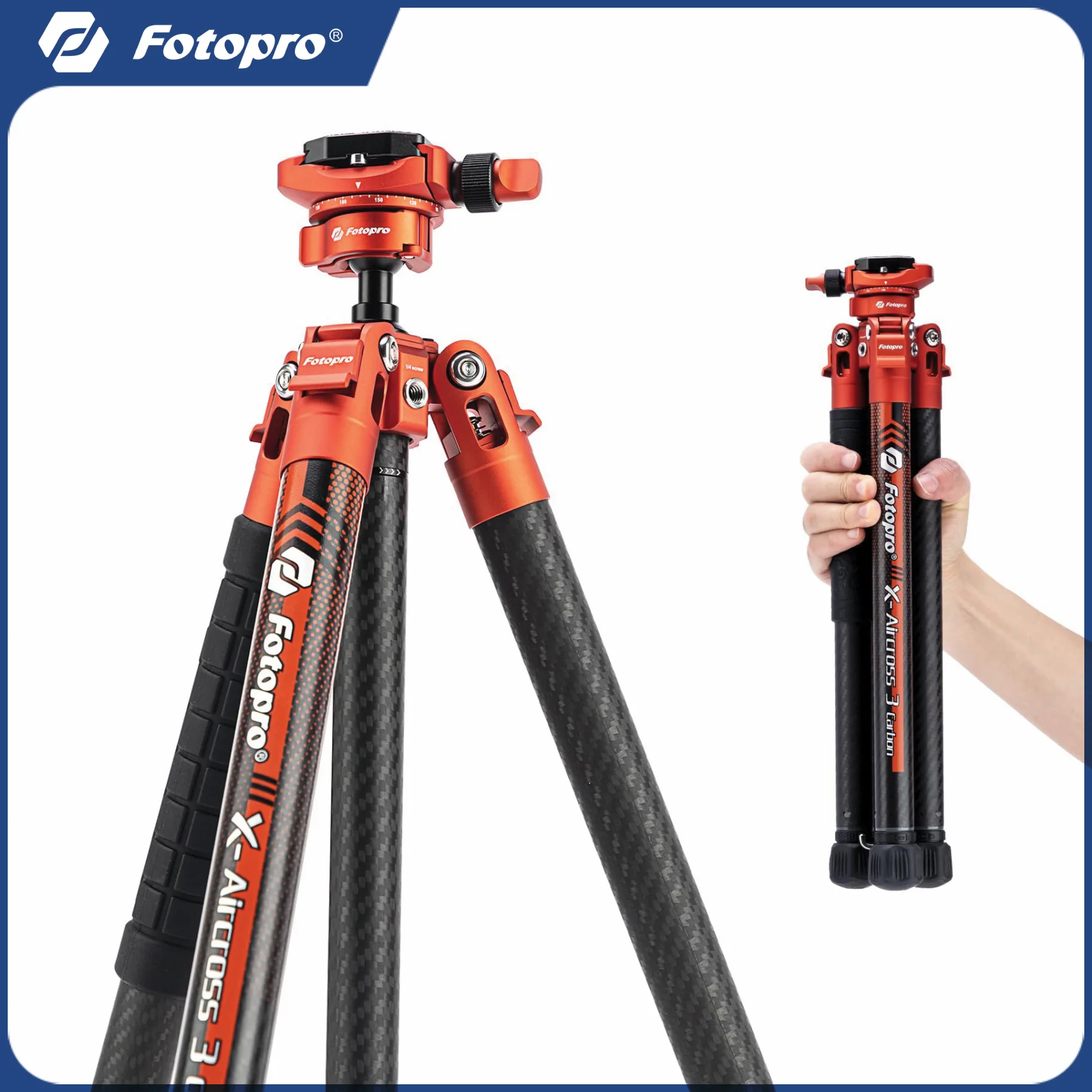 Fotopro X-Aircross 3 Lite Carbon Fiber Tripod 1.7lbs Ultralight 62 Inch Portable Compact Travel Tripod for DSLR