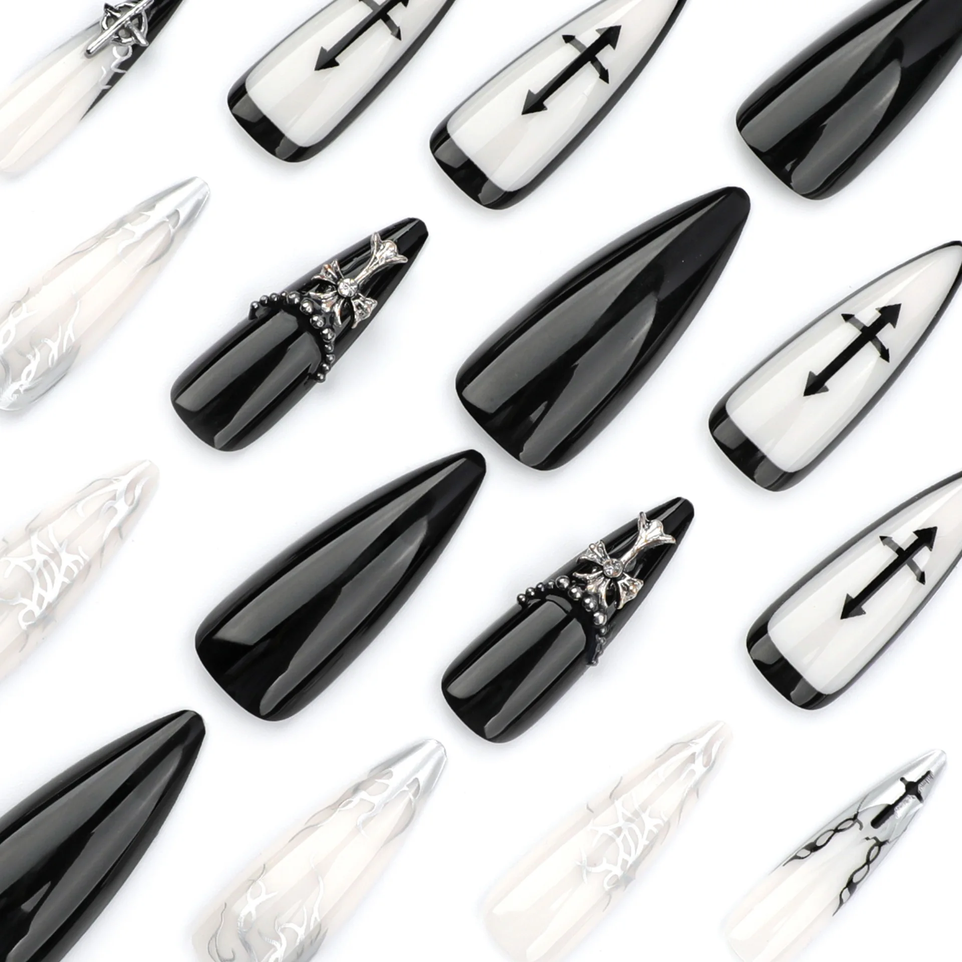 24개 롱 프레스온 네일, 글루 포함 아크릴 인조 손톱 팁, 장식 스티커 젤 가짜 손톱 세트 여성용, 네일 아트 키트