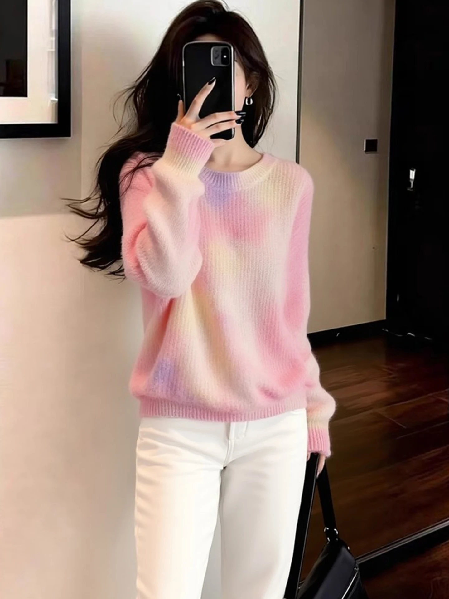 Sweet Gradient Color Knitwear Fashionable Luxury Light Versatile Top for Women round Neck Long Sleeve Soft Cashmere Sweater