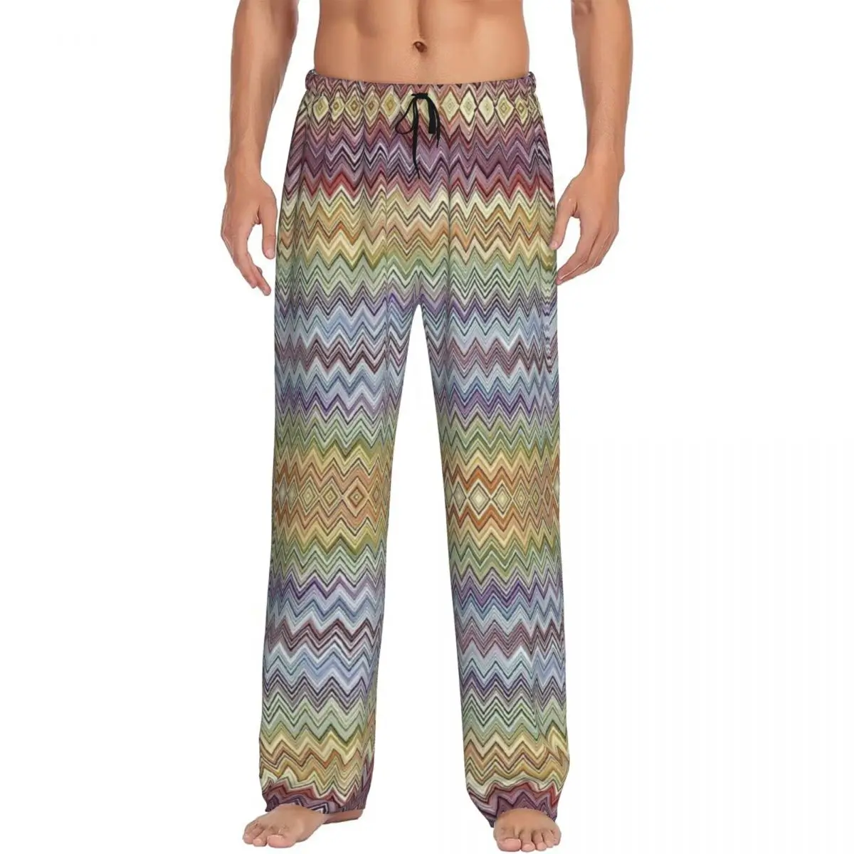 Personalizado impresso boho chique moderno ziguezague calças de pijama masculino geométrico multicolorido dormir bottoms com bolsos