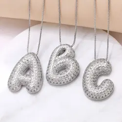 FLOLA Initial Bubble Letter Pendant Necklaces A-Z Alphabet Silver Color Zircon Necklace 26 Letters Fashion Jewelry Gifts nkeq71
