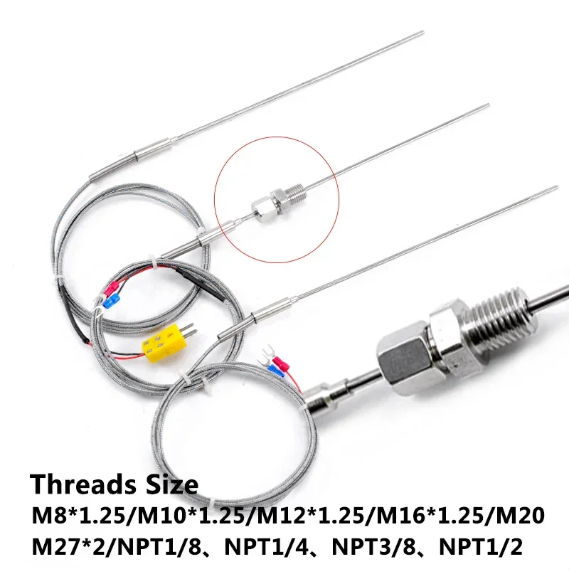 Capteur de température à thermocouple gainé, élasticité 1100 degrés, type K PT100, non mis à la terre, 1mm-6mm, taille de filetage M8 x 1.25, M10 x