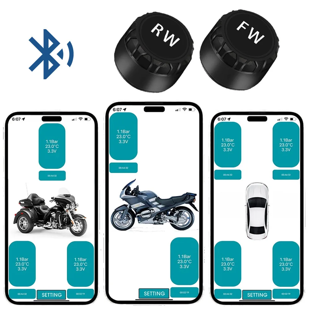 

Bluetooth5.0 Wireless Motorcycle TPMS Tire Pressure Monitoring System IP67 Waterproof with 2 External Sensor Support Android/IOS