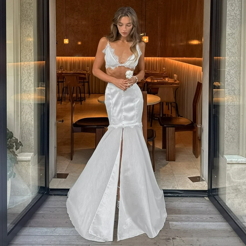 

Summer New Fashion European American Style Sexy Set Halter Top Lace Patchwork Satin Slit Irregular Skirt Two-piece Set for Women