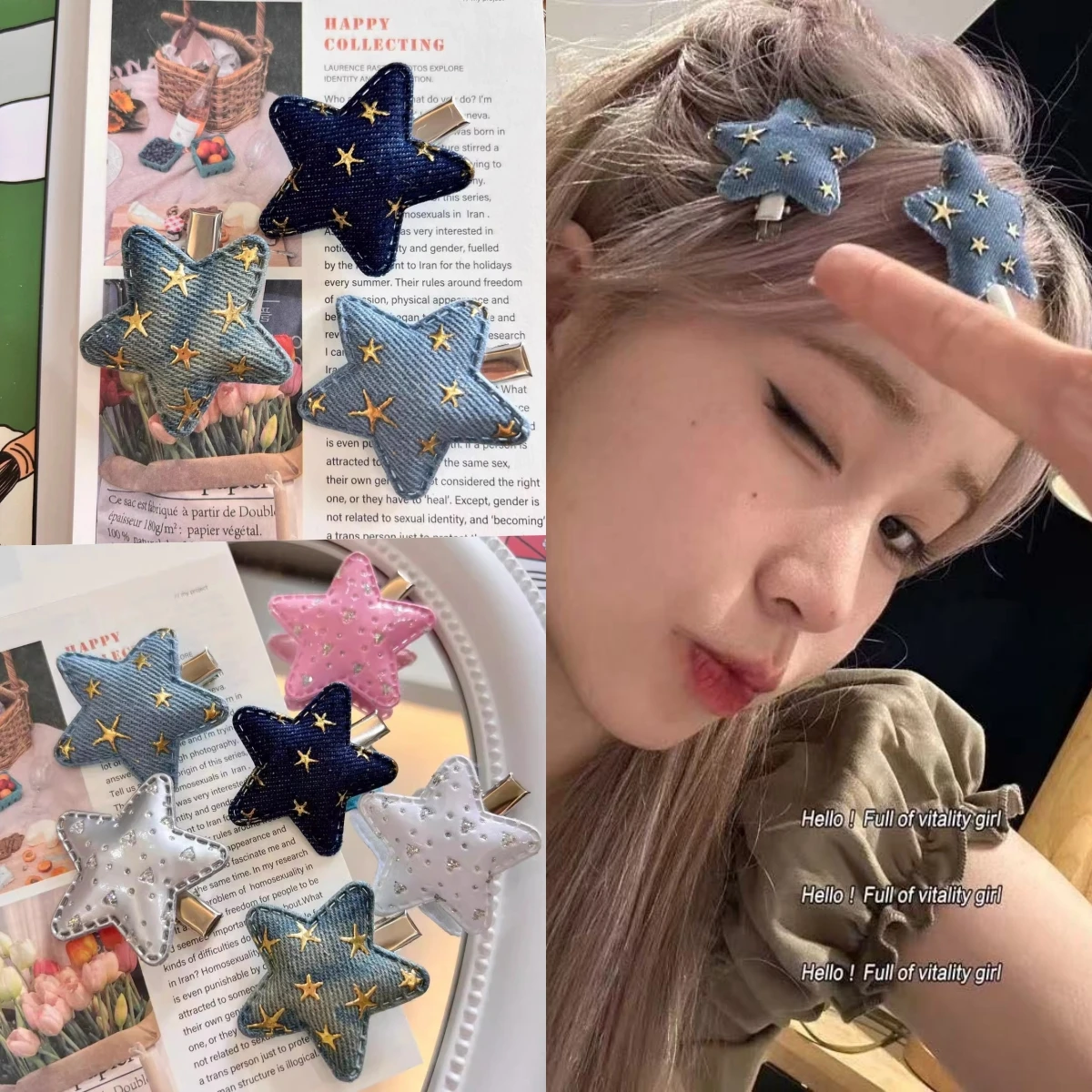 

Милые крутые заколки для волос со звездами для девочек, нишевый дизайн, джинсовая ткань, гострая челка со звездами, боковые заколки для женщин и девочек, корейские головные уборы