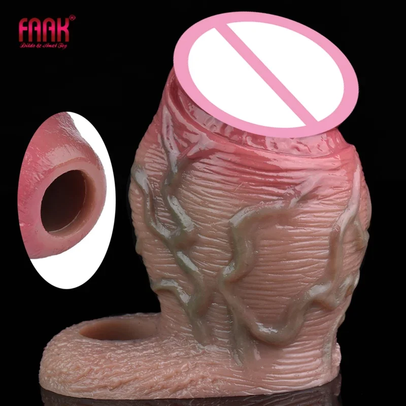 Faak realistic penis sleeve large silicone black sheath with anti-drop ring open-ended cock enlargement sex toys for men