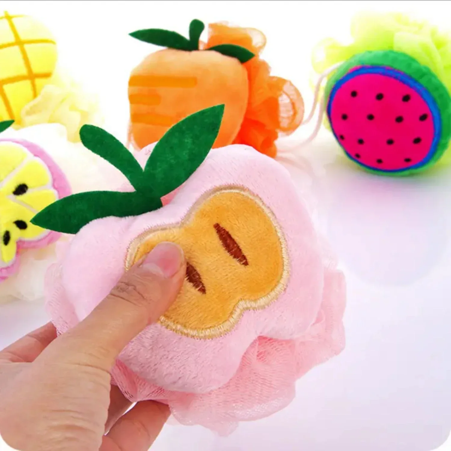 Juego de lufa de baño con estampado de frutas, 3 piezas, esponja de limpieza corporal suave, lufa