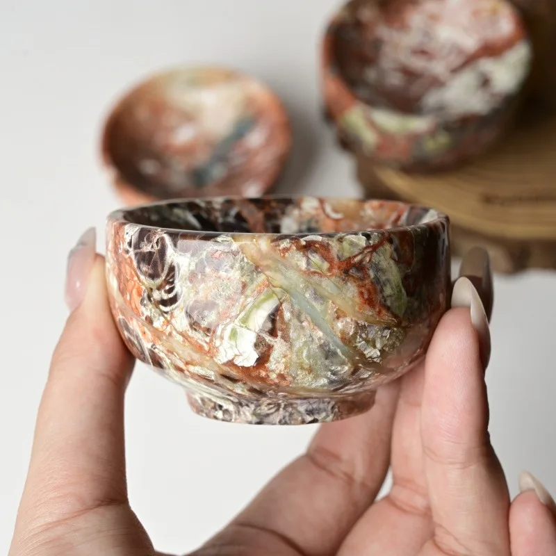 

1PC Natural Money Agate Hexagonal Bowl - Elegant Marble-like pattern in Brown, - Decor for Home, Office, Jewelry Display