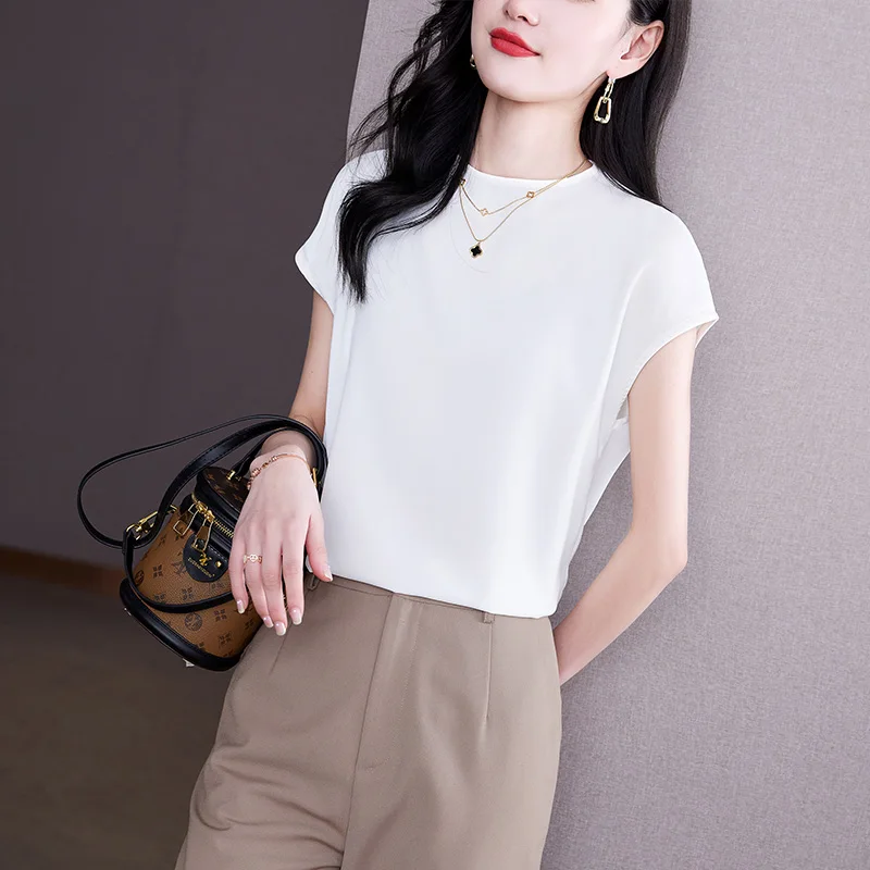 Women High Quality Silk Satin Elegant Blouses Summer Vintage Simple Commute Shirts Female Casual Solid O Neck Short Sleeve Tops