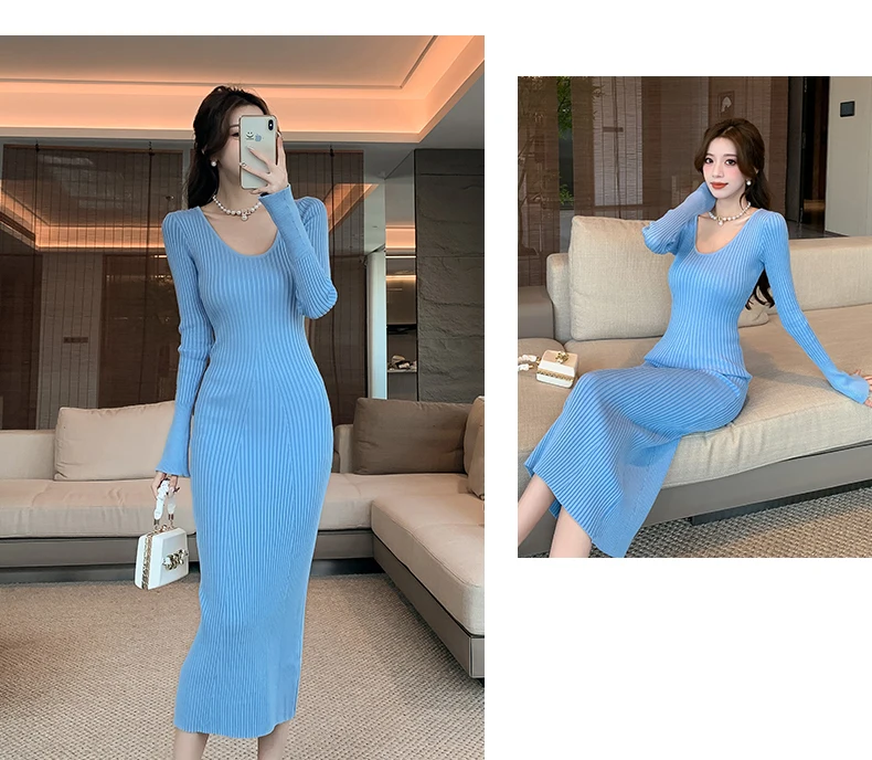 Langes Strickkleid für Damen 2026 Herbst Winter Neuerscheinung Langes Kleid mit Trompetenärmeln und V-Ausschnitt Koreanischer Stil Modisches Damenkleid – Detail 16