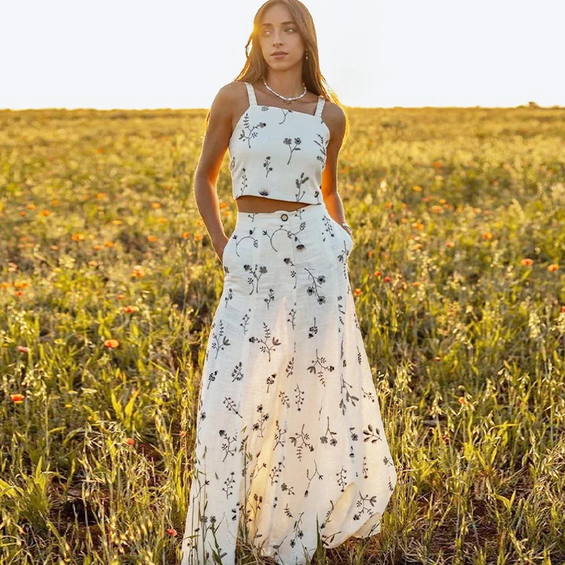 TEELYNN Floral Embroidery Crop Top Maxi Skirt Dresses Suit for Women Vintage Sleeveless Summer Dress Set Boho Beach Vestidos