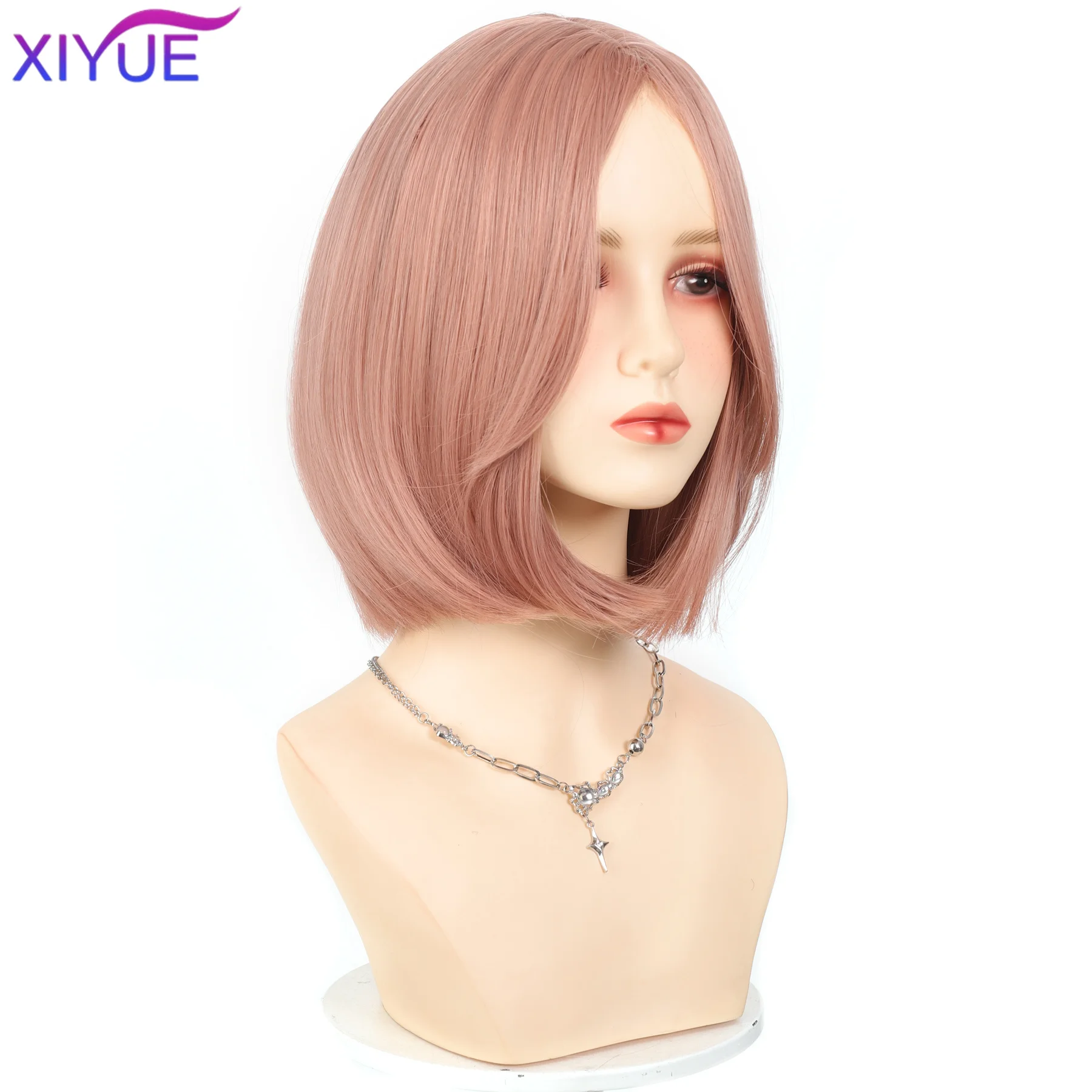 XIYUE 금발 핑크 옴브레 합성 가발 여성용 짧은 스트레이트 밥 가발 중간 부분 로리타 코스프레 천연 헤어 내열성