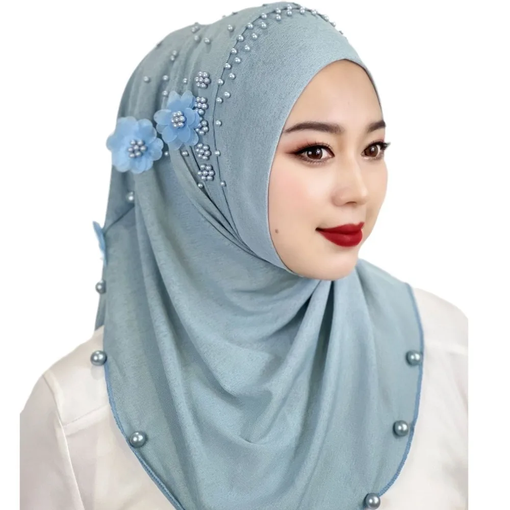 Elegant Top Knot Ramadan Hijab Solid Color Breathable Islamic Headscarf One-Piece Pull On Head Wrap Cap