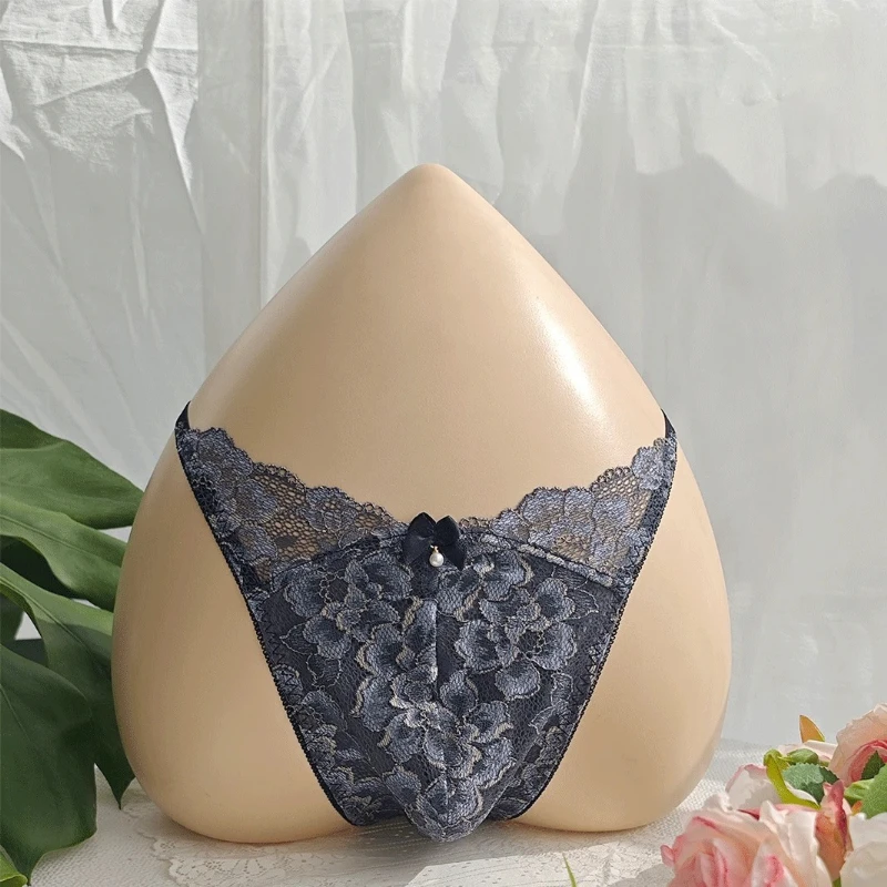 Sexy Purple Lace Man T-brief Embroidery Low-rise Lace T-back Thong Cotton Gusset Underwear Comfortable and Breathable