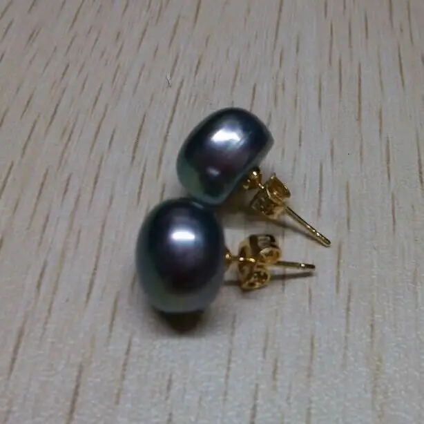 New A Pair of AAA 9-10mm genuine natural sea genuine Black pearl earring 14kp