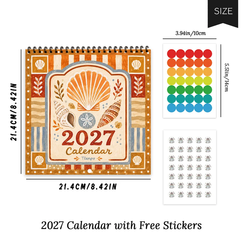 1pc 2027 Folk Style Marine Life Wall Calendar,12‑Month Planner,Gift For Back‑to‑School,Christmas,New Year,Free Stickers Included