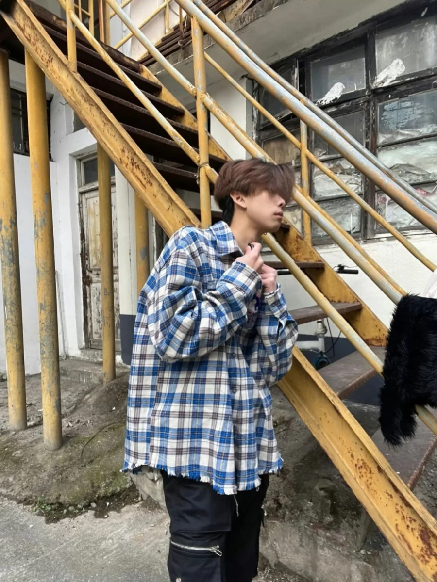 

Cleanfit Vintage American Retro Plaid Long Sve irt Men Women Torn Hem Spring Autumn irt Jaet