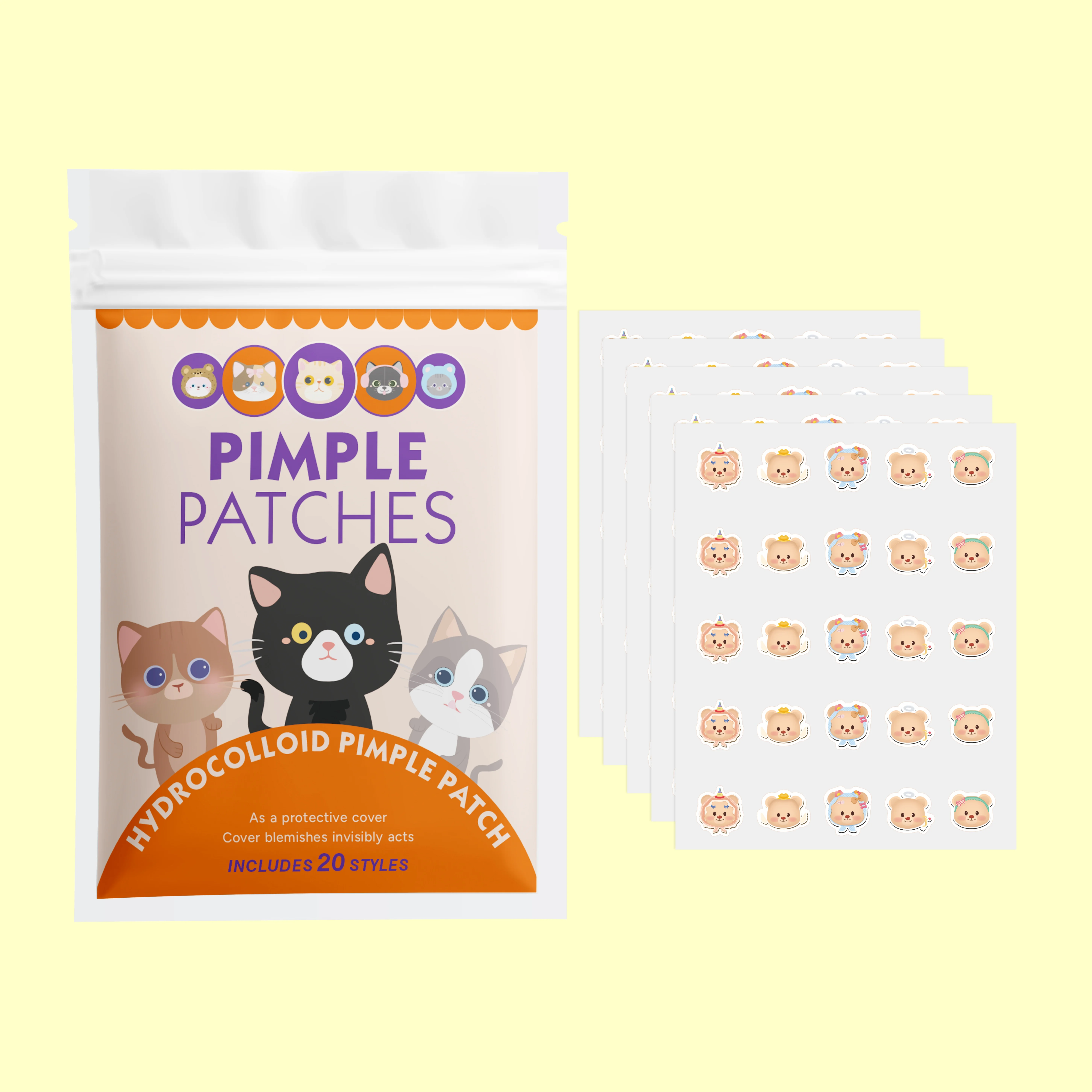 Patch anti-acné en forme de chat, 125 pièces, patch correcteur facial mignon en forme de chat, sûr, non toxique, doux et non irritant