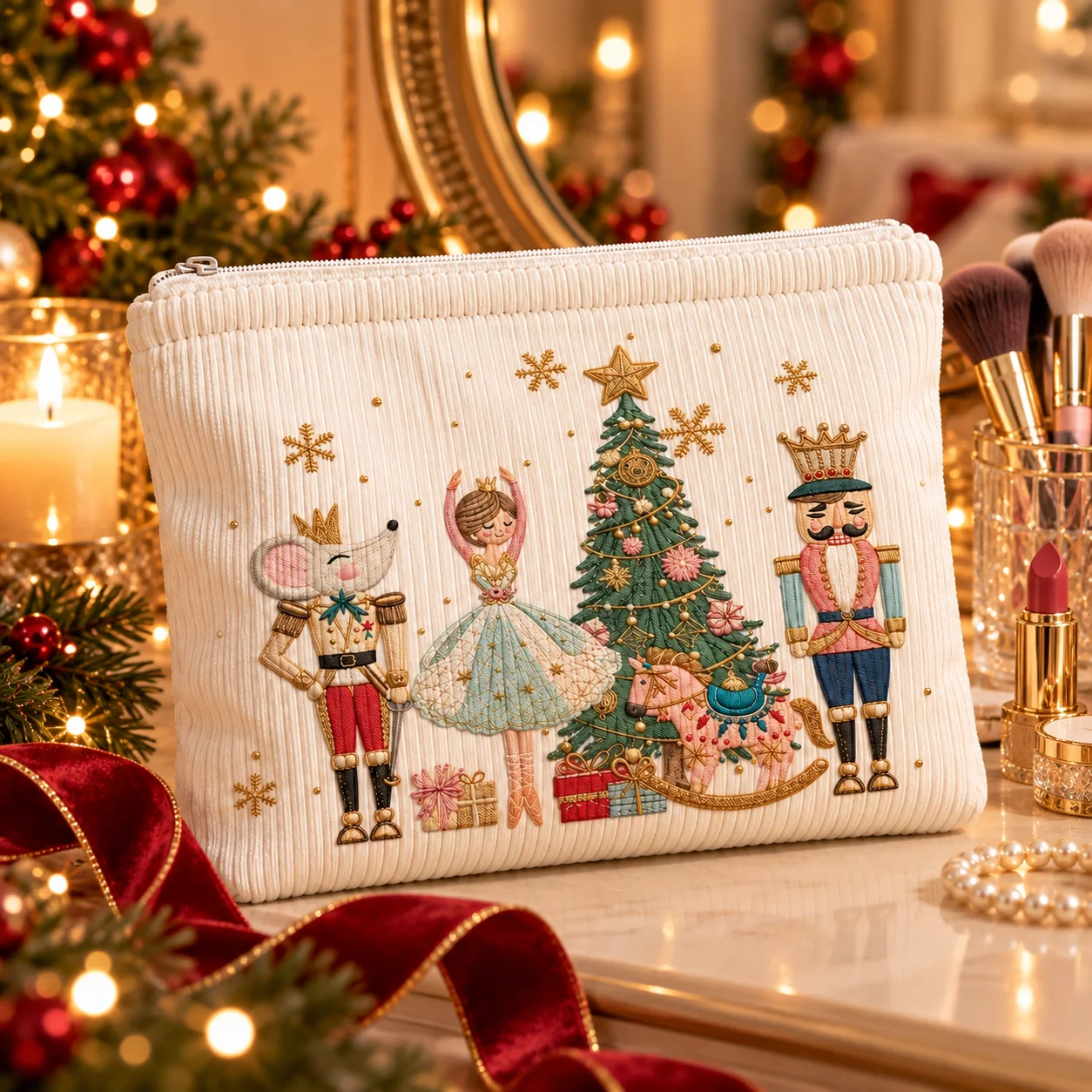 Christmas Nutcracker Cosmetic Bag Soft Corduroy Makeup Pouch Women Holiday Travel Toiletry Organizer Zipper Beauty Storage Case