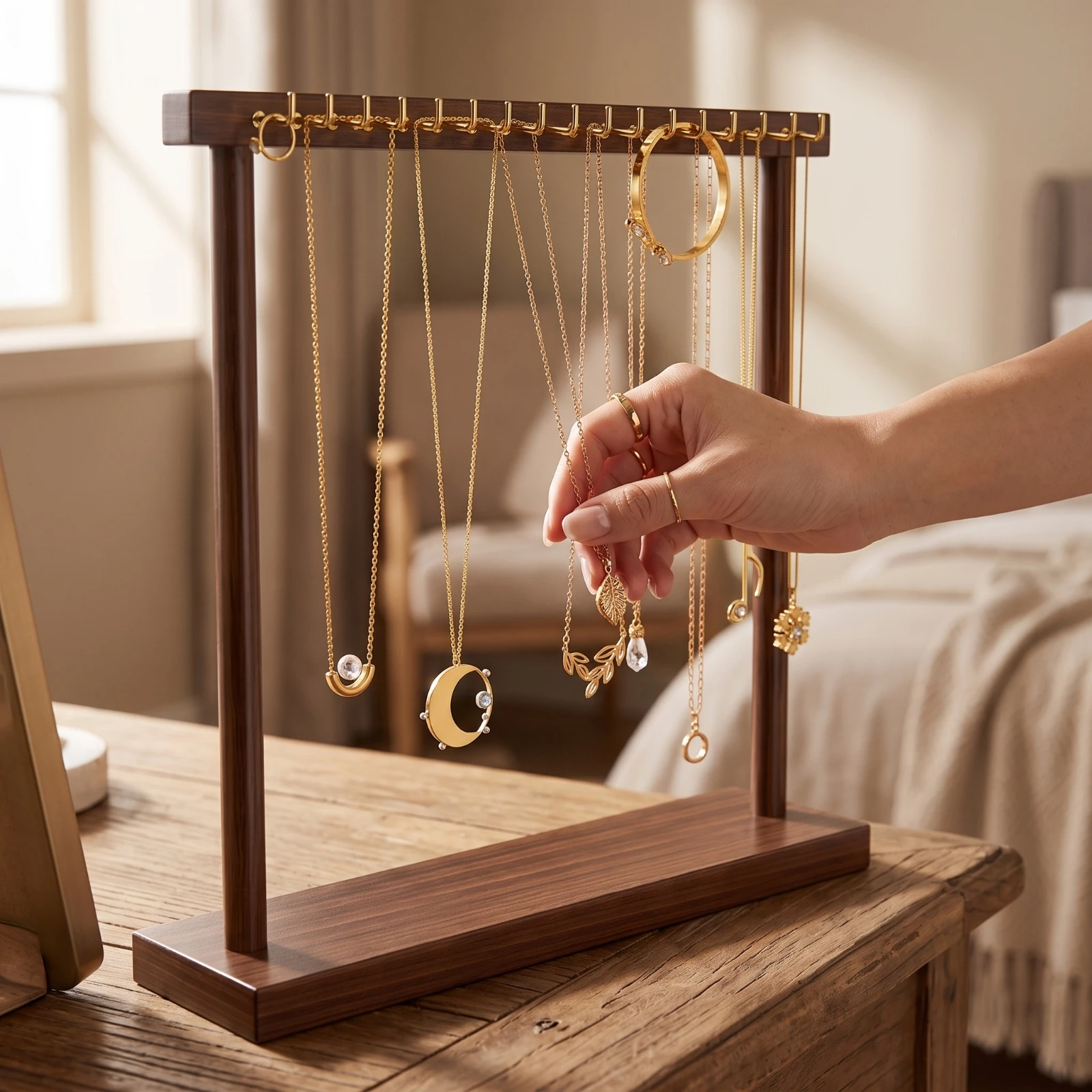 Necklace Holder with 18 Hooks Desktop Necklace Display Stand with Hooks Bracelet Hanger Upright Slim for Women, Vanity, Dresser