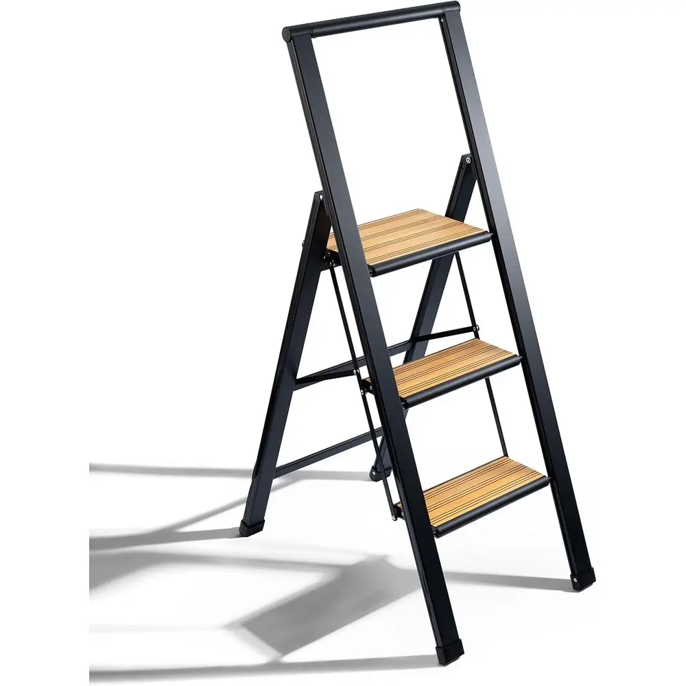 

Лестница-стремянка 3-ступенчатая, декоративная, из бамбука и черного материала, ультратонкий профиль, противоскользящие ступеньки, прочная, портативная, для дома.