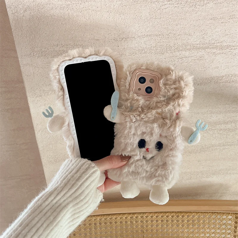 Cute Knives and forks Little people Fur Fuzzy Phone Case For iPhone 14 Plus 11 13 12 15 16 Pro Max Cover Cartoon Fluffy Case Fun