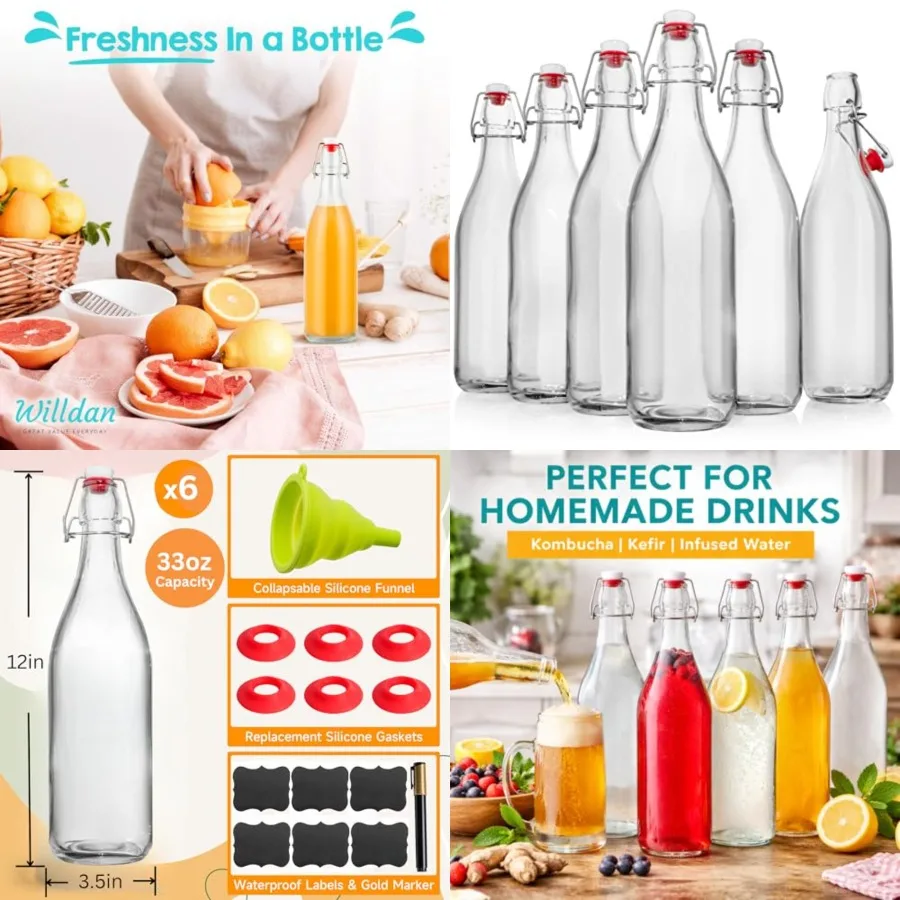 

Swing Top Glass Bottles [1 L/ 33 fl. oz.] [Pack of ] Flip Top Coquito Bottles for Kombucha, Fermentation, Beer, Kefir, Wine Air