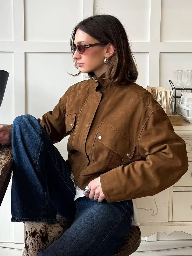 

Retro Stand Collar Suede Jacket for WomenAutumn Casual Quilted Faux Suede Leather Outerwear Zipper Long Sleeve Cropped Coat
