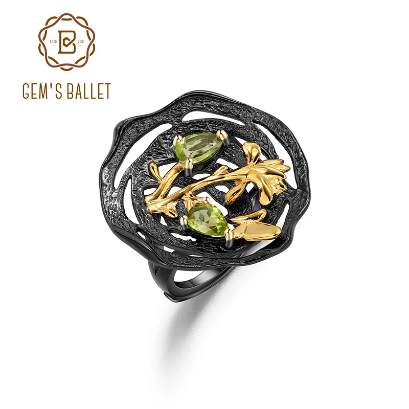 GEM'S BALLET  925 Sterling Silver Two Tone Handmade Adjustable Statement Cocktail Ring For Women Natural Peridot Gemstone Ring