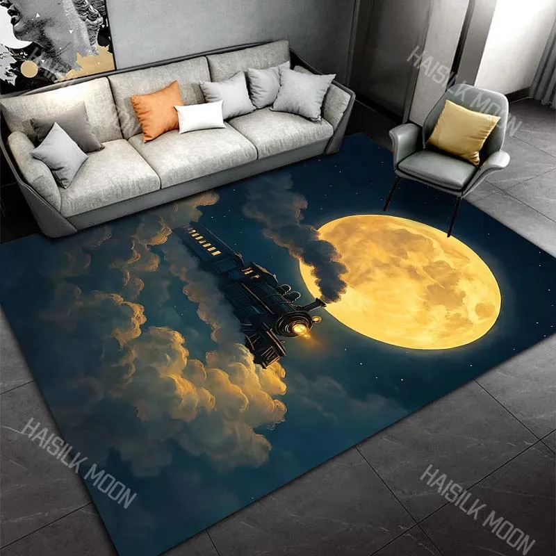 1PC Steam train under giant full moon Carpet for Living Room Bedroom Sofa Home Decor Rus Non-slip Floor Mat Luxury Gift