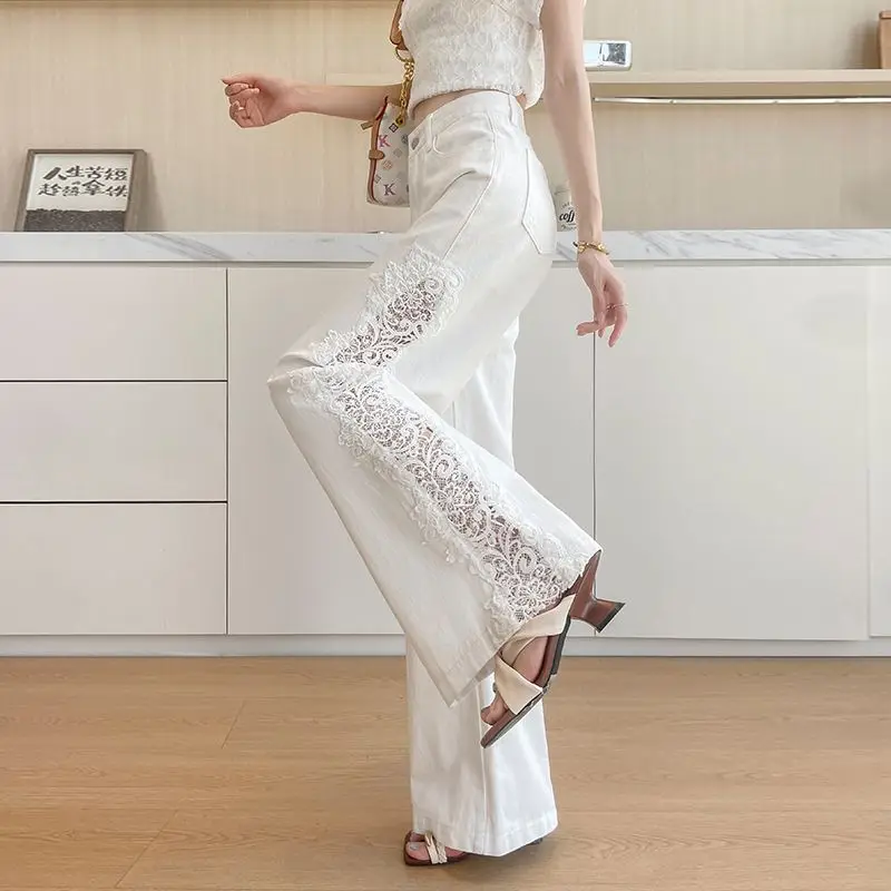 High Waist Summer Lace Patchwork Hollow Out Jeans Fashion Elegant Solid Wide Leg Jeans Women All Match Casual Loose Denim Pants