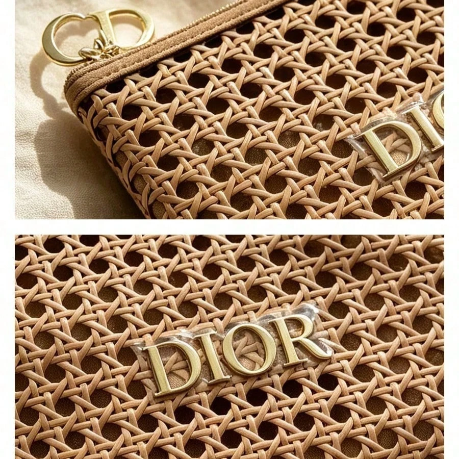 DIOR bag Womens Rattan Weave Cosmetic Bag Portable High Quality Zipper Makeup Pouch Holiday Gift Storage Handbag With Metal Logo view 5