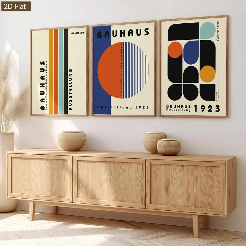 2D Flat, 2D Flat, 2D/Flat 3pcs Set Bauhaus Style 1923 Exhibition Theme Wall Art, Minimalist Geometric Color Block Decorative