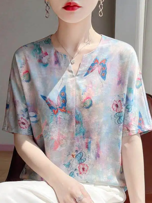 New Chinese Style Phoenix Print Satin Feel V Neck Short Sleeve Women's T Shirt Breathable Loose Large Size Drapey Summer Top