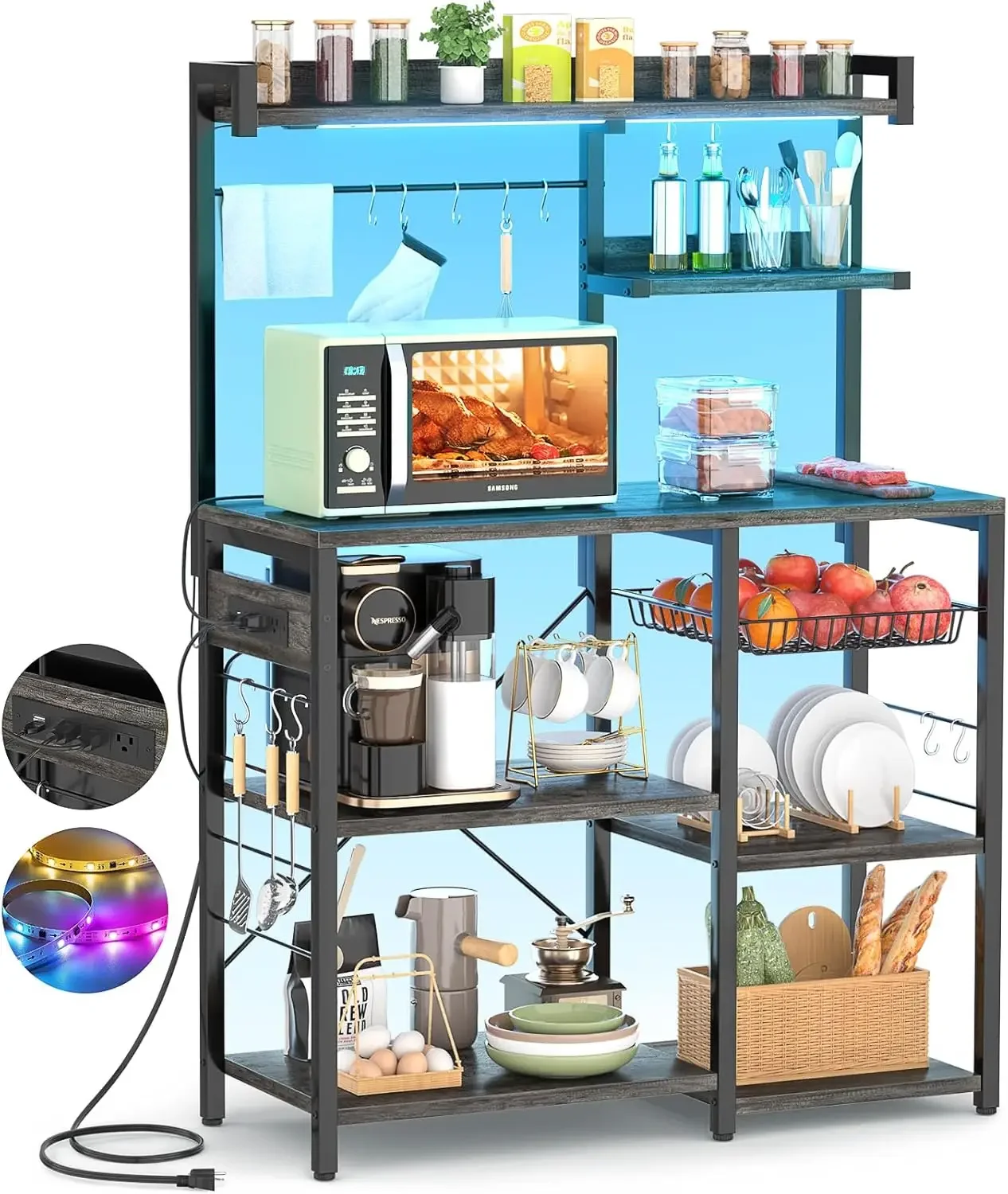 

Bakers Rack with Power Outlet and LED Light Strings, Microwave Oven Stand Kitchen Storage Shelf with Wire Basket