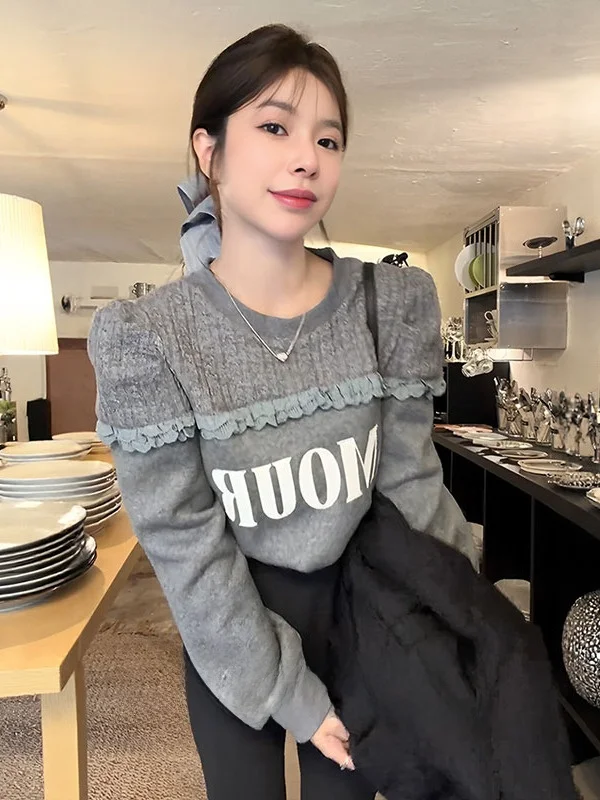 

Корейский свитшот с круглым вырезом и буквенным принтом, женский, осенне-зимний, новый, свободный, с кружевной отделкой, укороченный топ, нежный, повседневный, свободного кроя
