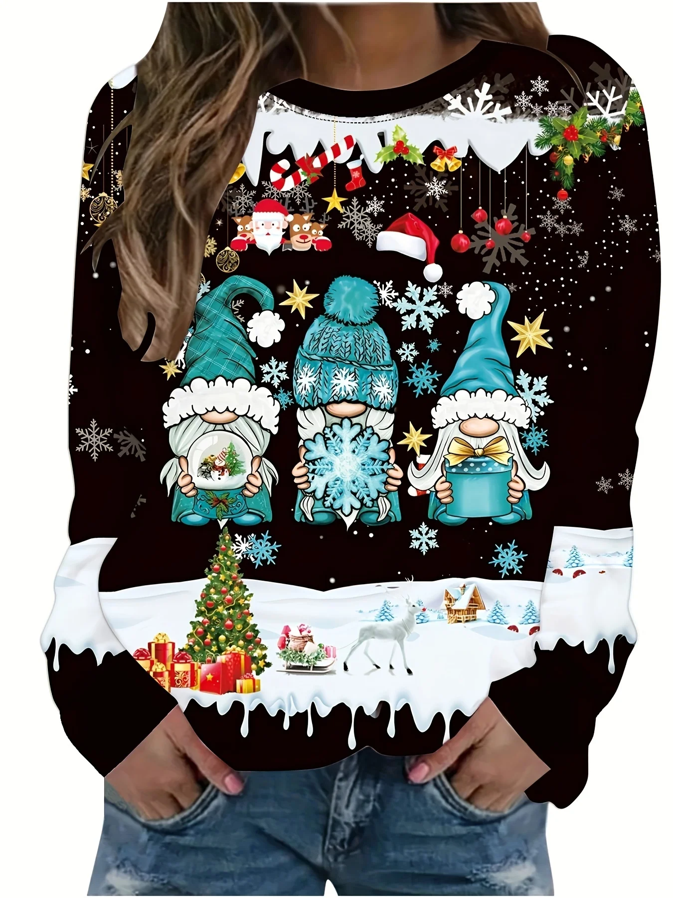 Women Round Neck Long Sleeve T‑Shirt Christmas Three Cats With Hats Scarf Print Festive Holiday Casual Party Top Women's Clothes