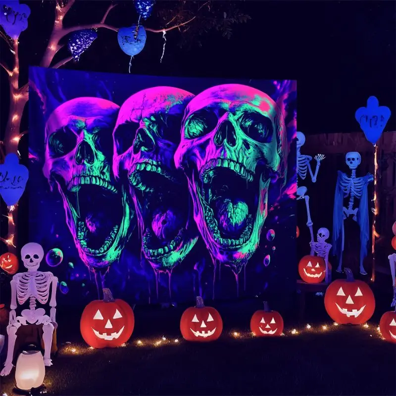 VIKAMA Halloween Blacklight Neon Skull Haunted House Tapestry, Spooky Pumpkin Wall Hanging for Bedroom, Gothic Party Decor