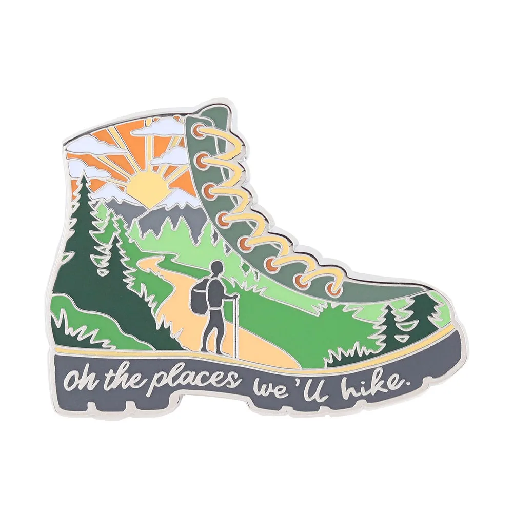 Hiking Boot Enamel Pin Oh the places we'll hike Outdoor Adventure Lapel Brooch Nature Mountain Scene Badge for Backpack Clothes