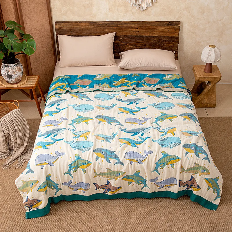 Multipurpose Cotton Blanket, Summer Lightweight Nap Throw, Yarn-Dyed Jacquard Sofa Cover, Breathable Air-Con Blanket for Office