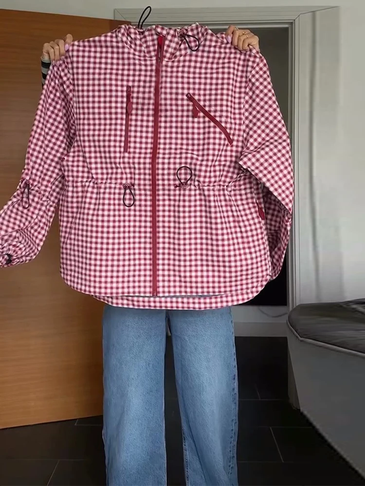 Karierte Kapuzenjacken mit elastischem Bund und Kordelzug für Damen, Streetwear, lange Ärmel, locker sitzende Jacken, Frühlings-Chic-Oberbekleidung für Damen – Detail 20