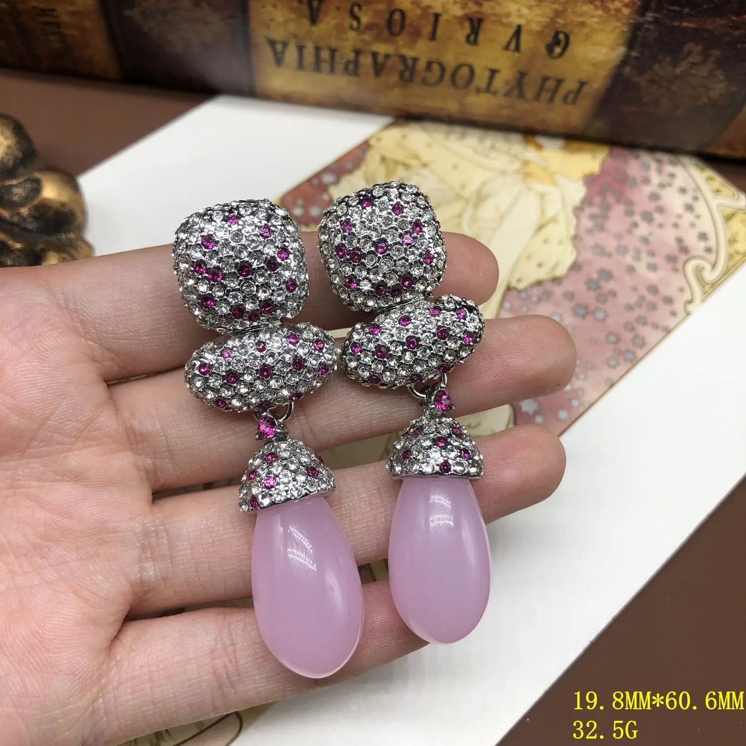 Rose quartz water droplets diamond earrings royal style elegant 925 silver needle design stud earrings
