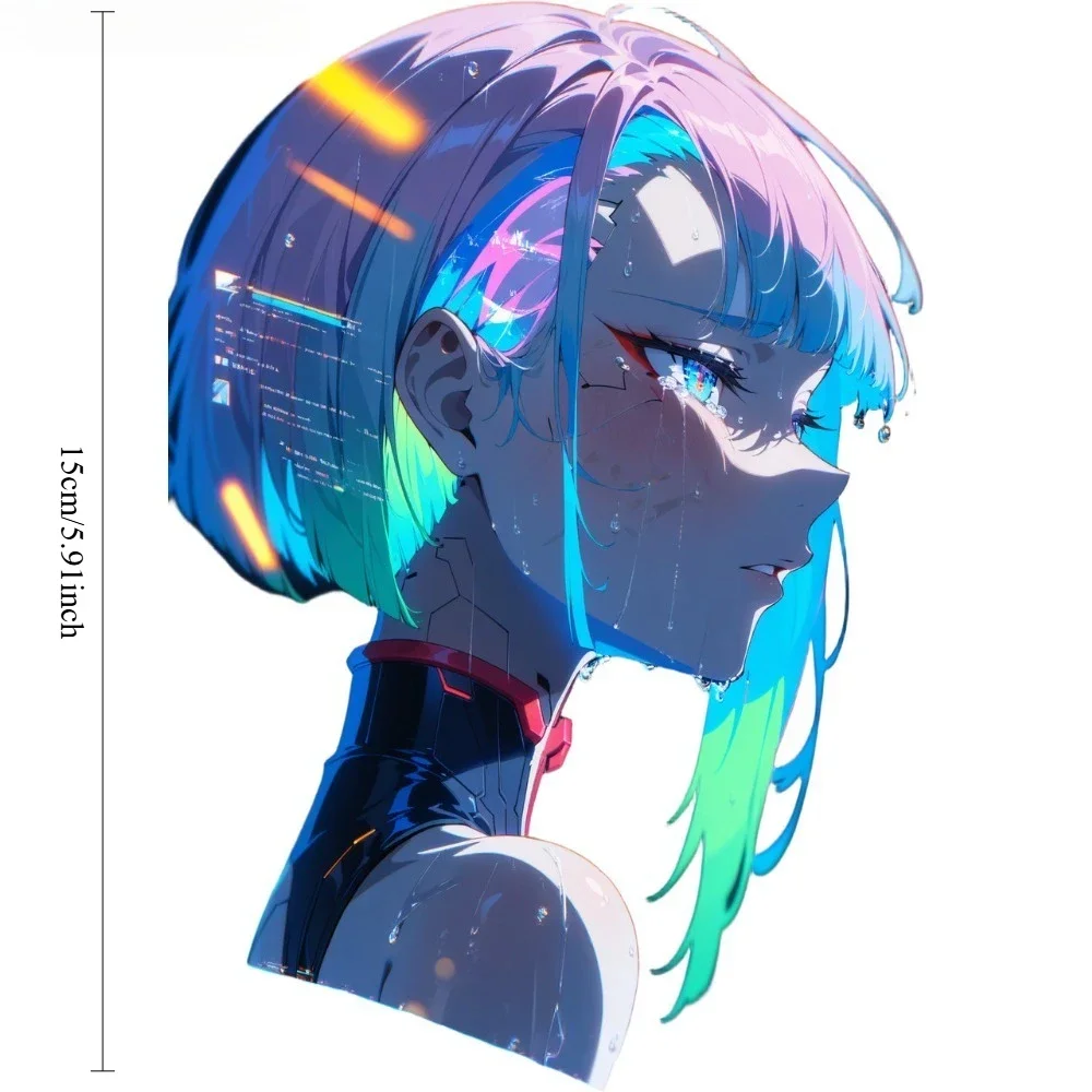 Cyberpunk Anime Girl Neon Sticker,Cyborg Side Profile Waterproof Vinyl Decal for Car, Motorcycle Helmet, Laptop & Window Decor